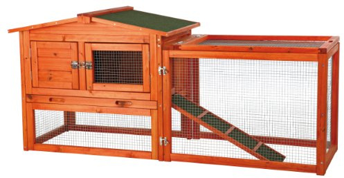 TRIXIE Natura Hasenstall 2-stöckig mit Auslauf | Erhöhter Outdoor Hasenhaus | Kleintierhaus mit Rampe | Spitzklappdach | idealer Unterschlupf für Kaninchen Meerschweinchen | Braun