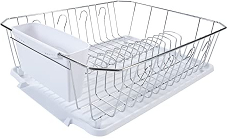 Kitchen Details 3 Piece Dish Rack | Drying Rack, Cutlery Basket & Drainboard Tray | Countertop | Self Draining | Open Wire Design | Chrome | White