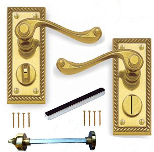 DISCOUNT HARDWARE UK Polished Brass Georgian Suite Privacy WC Door Handles Pack with Latch (Handles only)