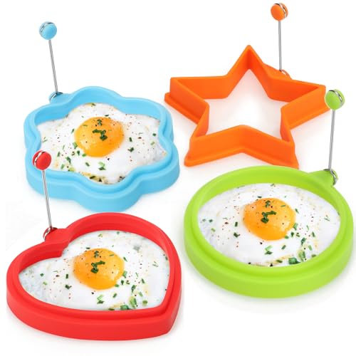 COM-FOUR® 4x forme de moule à omelette - cercle, fleur, étoile et coeur - pour œufs au plat et crêpes, forme en silicone avec poignée de protection thermique - poêle (04 pièces - mix - coloré)