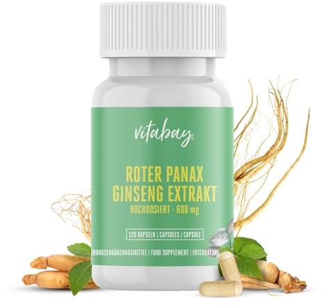 Vitabay Roter Ginseng Kapseln Hochdosiert 600mg - 120 Panax Ginseng Extrakt Kapseln Vegan - Liefert 20% Ginseniode - Laborgeprüft & ohne unerwünschte Zusätze
