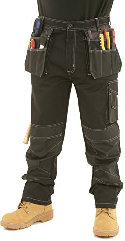 SITE KING Mens Heavy Duty Cargo Holster Pocket Work Trousers Contrast Stitching with Knee Pad Pockets (34 Waist / 31 Regular Leg, Black)