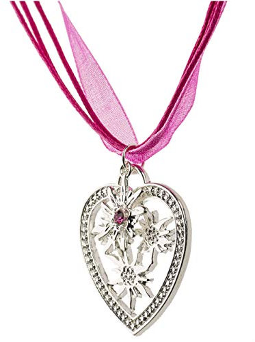 Trachtenkette Wiesn-Charm - eleganter Herz und kleiner Edelweiss Anhänger mit Strass - Trachtenschmuck Kette für Dirndl und Lederhose (Pink)