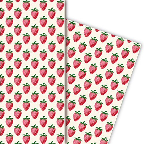 Kartenkaufrausch Leckeres Sommer Geschenkpapier Set mit Erdbeeren für liebe Geschenkverpackung, 4 Bögen, 32 x 48cm universal Packpapier um schöner zu schenken, basteln, scrapbooking
