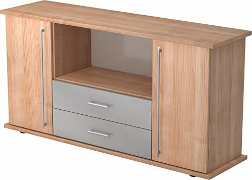 bümö Sideboard Nussbaum mit Flügeltüren & Regal - Büromöbel Sideboard mit Schubladen Holz 166cm breit, 45cm schmal, Büro Schrank für Flur oder als Wohnzimmer-Kommode mit Relinggriff