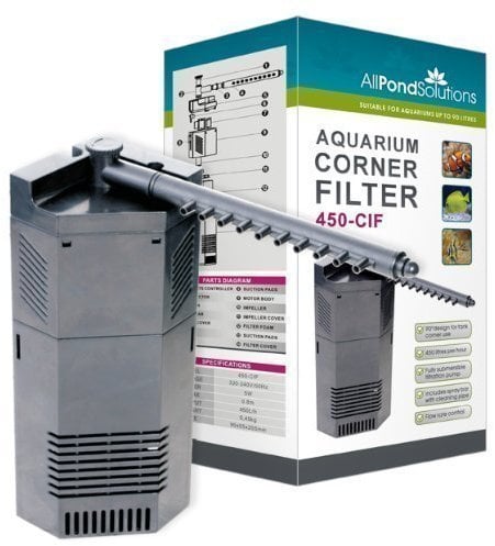 AllPondSolutions Fish Tank Filter, 450-CIF Corner Internal Aquarium Submersible Water Filter for Small Coldwater or Tropical Aquariums for Tanks Up to 90 litres – Includes Spray Bar