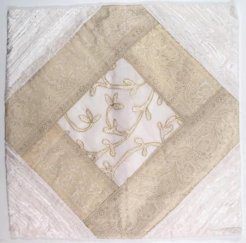 GURU SHOP Orientalische Samt & Brokatkissenhülle, 40x40 cm, weiß Muster 1 | Kissenhülle aus 100% Baumwolle, stilvolle Akzente, pflegeleicht, vielseitig einsetzbar.