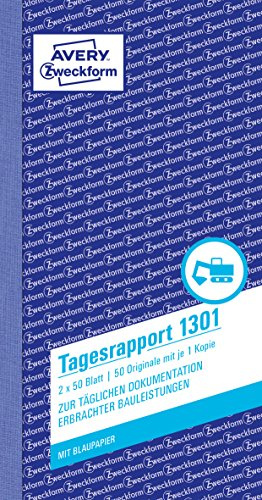 AVERY Zweckform 1301 Tagesrapport (105x200 mm, mit 2 Blatt Blaupapier, von Rechtsexperten geprüft, für Deutschland und Österreich zur täglichen Dokumentation der Arbeitsleistung, 2x50 Blatt) weiß/gelb