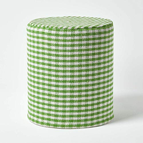 Homescapes Runder Pouf mit Vichy-Karo 40x42 cm grün-weiß kariert, Stoffhocker als Sitzpouf, Fußhocker oder Deko-Element, handgefertigt aus Baumwolle