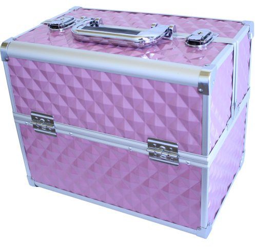 Arebos Kosmetikkoffer | 15L | 5 Fächer | Aluminium | Diamant-Muster | inkl. Schloss & Schlüssel | 2 ausklappbare Etagen | Samteinlage | 32 x 27 x 22 cm | Pink