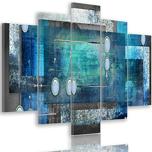 Feeby Frames, Tableau Multi Panneau 5 Parties, Tableau imprimé XXL, Tableau imprimé sur Toile, Tableau Deco, Pentaptyque Type A, 100x150 cm, Abstraction, Cercles, Rectangles, Cadres, Gris, Bleu