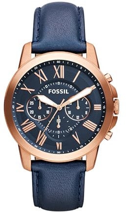 Fossil Orologio Grant da uomo, Movimento cronografo al quarzo con cinturino in pelle e acciaio inossidabile, 44 mm, Blu