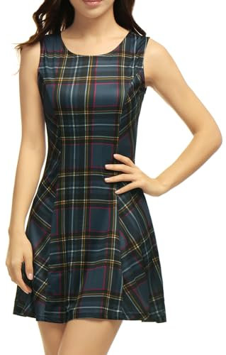 Allegra K Damen Party Kleid A-Linie Rundhals Kariert Ärmellos Elegant Minikleid Blau L