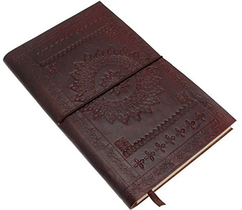 Handmade Embossed Large Leather Notebook, Soft Cover and Elastic Closure Journal, Chocolate Brown, 50 Unlined Recycled Paper Pages
