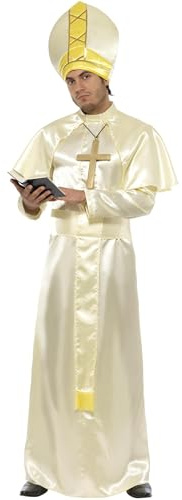 Smiffys Pope Costume, Cream Robe, Sash, Hat, Necklace and Cape, Saints and Sinners Fancy Dress, Adult Dress Up Costumes