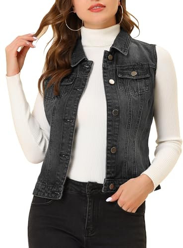 Allegra K Gilet en Denim Délavé Boutonné Femme Veste en Jean sans Manches avec Poches à Rabat Noir XS
