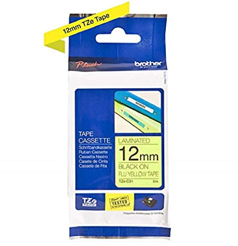 Brother TZe-C31 Labelling Tape Cassette, Black on Fluorescent Yellow, 12 mm (W) x 5 m (L), Laminated, Brother Genuine Supplies