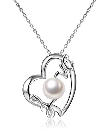 VIKI LYNN Damen Kette Herz Kette Perlenkette Sterling Silber 925 Perlen Halskette Perlenkette mit echte Suesswasser Perlen Herz Anhaenger
