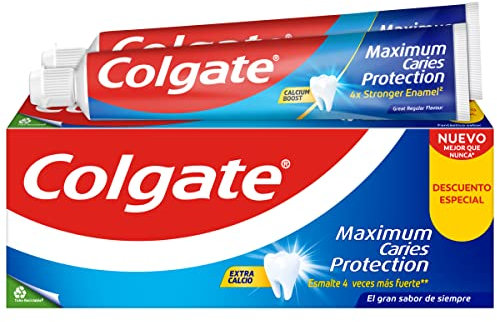 Colgate Maximum Caries Protection Zahnpasta mit Fluor, 2 Stück x 75 ml, Zahnpasta gegen Karies, Kalziumformel, die zwischen die Zähne eindringt, den Atem erfrischt, angenehmer Minzgeschmack