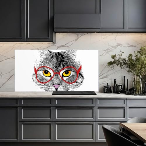 banjado Küchenrückwand Glas ohne Bohren 110x55cm – Glasrückwand Küche mit Motiv Intellicat/Spritzschutz Küchenrückwand Glas/selbstklebende Küchenrückwand Platte - magnetisch & beschreibbar
