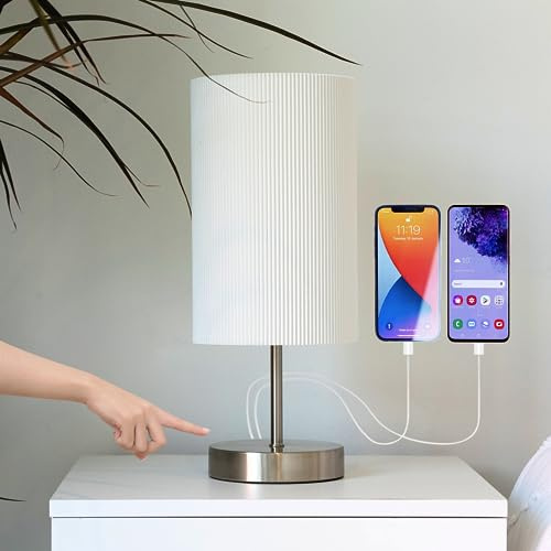 Caza Bedside Touch Lamps with 2 USB Charging Ports, Fabric Shade for Bedroom, Living Room, Office, LED Bulb Included (White)