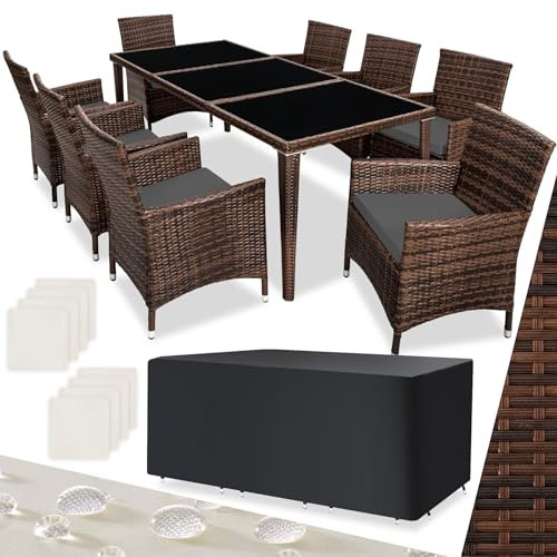 TecTake® Salon de Jardin Extérieur en Aluminium - 8 Fauteuils en Rotin, 1 Table, 2 Sets de Housses Lavables, Housse de Protection - Facile d'Entretien, Mobilier Extérieur