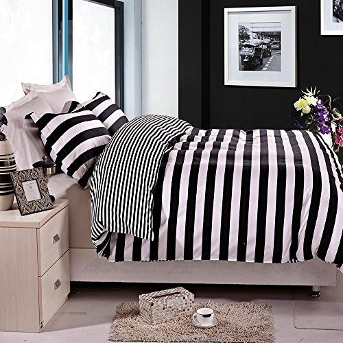 NTBAY 3 Pieces 100% Brushed Microfiber Striped Double Duvet Cover Set, Super Soft Black and White Printed Reversible Design Zippered Comforter Cover with Ties and 2 Oxford Pillowcases (Double, Stripe)