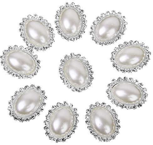 Oval Shape Rhinestone Faux Pearl Glue on Flat Back Embellishments 20mm x 25mm (Pack of 10pcs)