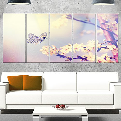 Design Art Leinwandbild mit Schmetterlingen und Kirschbaum, Vintage-Design Wanddekoration aus Metall, Papier, Weiss/opulenter Garten, 60 x 28 in-5 Equal Panels