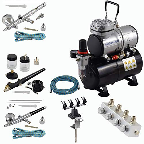 Agora-Tec® Airbrush Komplett-Set PROFI XV.13, inkl. Kompressor mit 4 bar, 20l/min und 3 Liter Tank + 3 Airbrushpistolen mit 0,2 & 0,3 & 0,5 & 0,8mm Nadeln/Düsen + regelbaren 4-fach Luftdruckverteiler + 4-fach-Halter + 3 Schläuche + Adapter