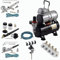 Agora-Tec® Airbrush Komplett-Set PROFI XV.13, inkl. Kompressor mit 4 bar, 20l/min und 3 Liter Tank + 3 Airbrushpistolen mit 0,2 & 0,3 & 0,5 & 0,8mm Nadeln/Düsen + regelbaren 4-fach Luftdruckverteiler + 4-fach-Halter + 3 Schläuche + Adapter