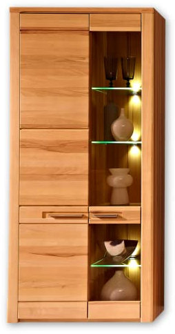 Nature Plus Vitrine (hoch) aus Kernbuchenholz teil-massiv - Glasvitrine inkl. Qualitätsglasböden und LED Beleuchtung - 85 x 185 x 40 cm (B/H/T)