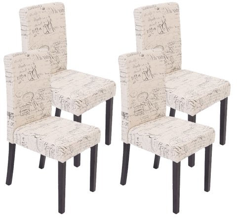 Mendler 4er-Set Esszimmerstuhl Stuhl Küchenstuhl Littau - Textil mit Schriftzug, Creme, dunkle Beine