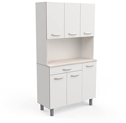Demeyere Buffet Haut Cuisine 6 Portes & 1 Tiroir Résistant A L’Eau – Style Naturel – Coloris Blanc Mat & Bois Acacia – 101 x 42,3 x 18,53 cm, Dense