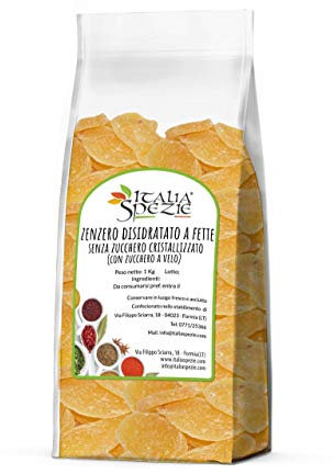 ITALIA SPEZIE - Zenzero disidratato a fette 1 Kg senza zucchero cristallizzato (con zucchero a velo) - Prima Qualità - ginger candito essiccato - Frutta Disidratata