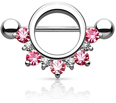 Autiga Brustwarzen Piercing Nippelpiercing Brustpiercing Nipple Shield Schild Zirkonia Kristalle Silber-pink