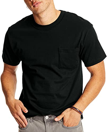 Hanes Mens BeefyT 100% Cotton Tshirt with Pocket(5190)-Black-2XL