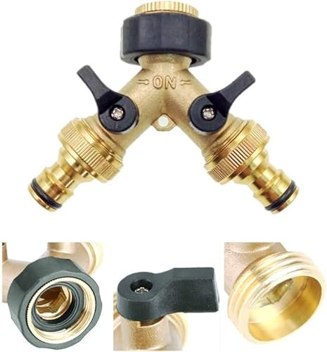 Dunnet Tools 2 Way Brass Hose Connectors Splitter 3/4 Tap Connector with Individual On/Off Outside Tap Kit 1/2 Quick Connect System for Hosepipe Fittings Y Hose Pipe Adapter
