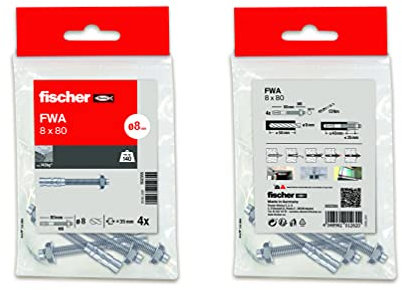 fischer - Tasselli di ancoraggio metallico espansione per calcestruzzo, bulloni di ancoraggio di espansione, 4 pz FWA 8x80