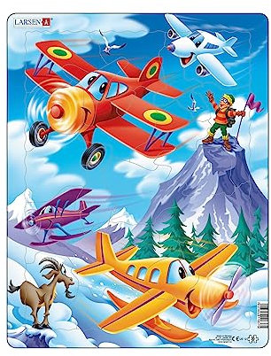 Larsen US12 Rahmenpuzzle für Kinder I Fröhliche Flugzeuge fliegen um die Berge I Puzzle ab 3 Jahre I Kinderpuzzle mit 20 Teilen I Spielspaß & Lernen