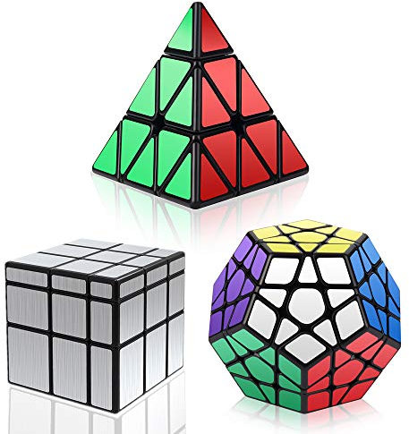Vdealen Zauberwürfel Set, Speed Cube Set mit Pyramide Speed Cube& Megaminx Cube & 3x3 Mirror Cube, 3 in 1 Unregelmäßige Magic Cube Set, Geschenk für Kinder Teenager Erwachsene(Silber)