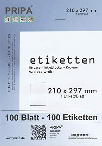 pripa 100 Etiketten A4-210 x 297 vollflächig selbstklebend weiß - allround Qualität … (100)