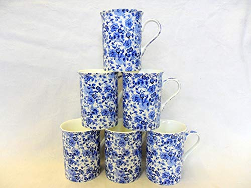 Set of 6 China 10oz Mugs in Blue Rose Design