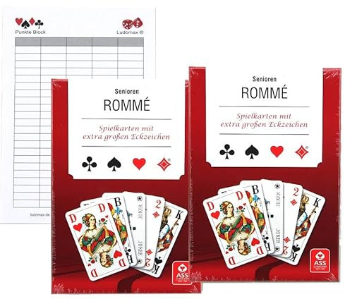 Ludomax Senioren Rommé, Canasta, Bridge Spielkarten Ass Zweierpaket Block