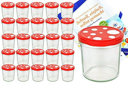 MamboCat 25er Set Sturzglas 350 ml to 82 Fliegenpilz Deckel rot weiß gepunktet incl. Diamant Gelierzauber Rezeptheft Marmeladenglas Einmachglas Einweckglas