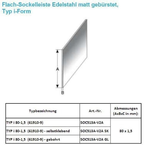 25 Meter Fußleisten / Sockelleisten TYP i 80-1,5 (Edelstahl matt gebürstet / 61910-9)