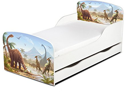 Leomark Einzelbett aus Holz - Dino Jurassic - Kinderbett mit Schubladen für Bettwäsche, Stauraum, Holzbett mit Matratze + Lattenrost, Komplett Set, Liegefläche 70/140 cm, UV-Druck
