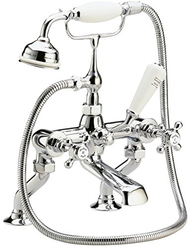 Hudson Reed BC304HX Topaz Traditional Bathroom Deck Mounted Bath Mixer with Shower Kit, Crosshead Handles and Hexagonal Collars, 320mm x 350mm, Chrome/White, Tap, Set of 5 Pieces