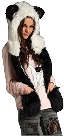 Cheerlife Fell Mütze Damen Kapuzenschal Kunstfell Tiermütze mit Ohren Handschuhe Schal Wintermütze Panda