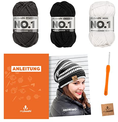 myboshi Häkelset Mütze Akorimo, inkl. No.1 Wolle, Häkelnadel, Anleitung, original Label, Häkelpaket, 30% Merinowolle Schwarz mit Häkelnadel